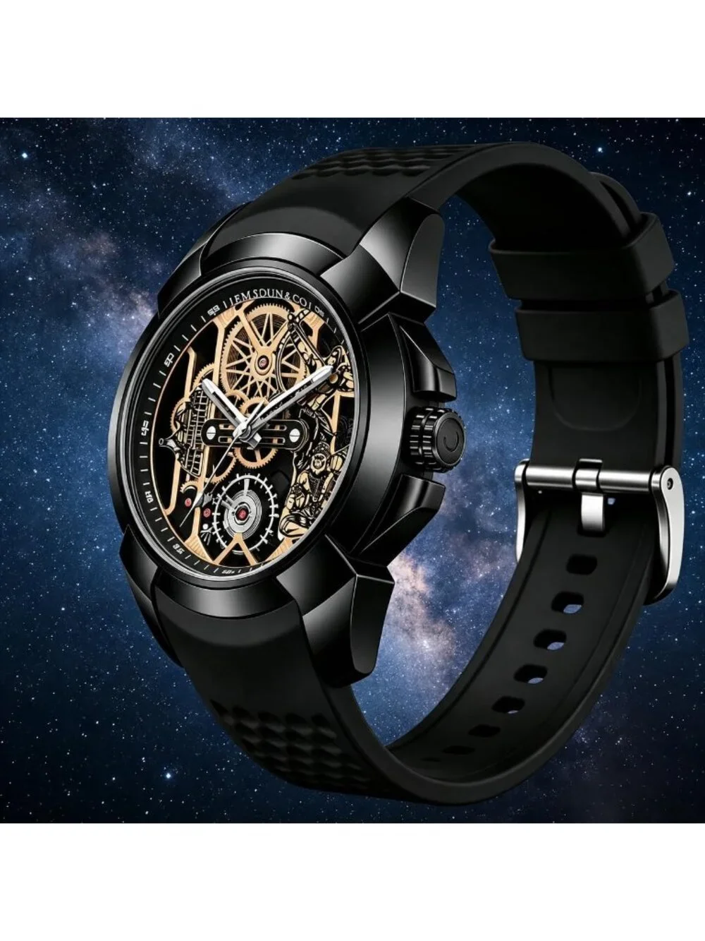 Men's Black Skeleton Luminous Quartz Silicone Strap Round Hollow Dial Watch